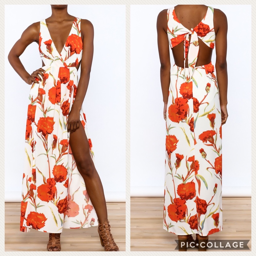 Luxxel Red Flower Maxi Dress with Cut Outs